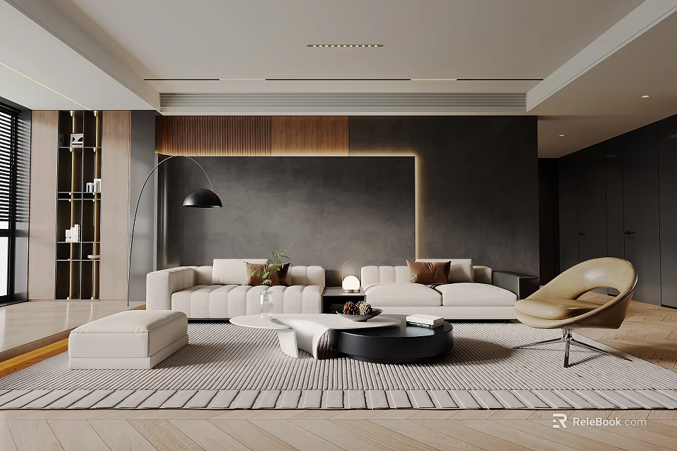Modern Living Room Interior Design With White Sofa Coffee Table And Wooden Wall 3d model 