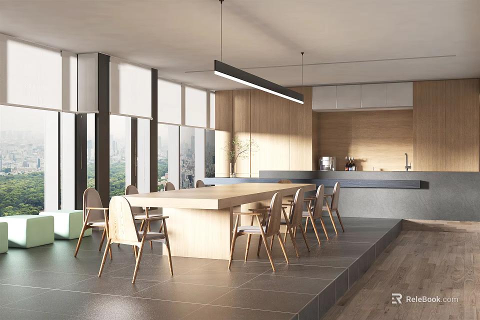 Modern Tea Room Interior With Open Design Large Windows Wooden Elements Long Table And Chairs 3d model 