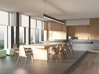 Modern Tea Room Interior With Open Design Large Windows Wooden Elements Long Table And Chairs 3d model