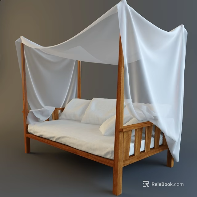 Elegant Wooden Daybed with White Canopy Curtains and Soft White Cushions 3d model 