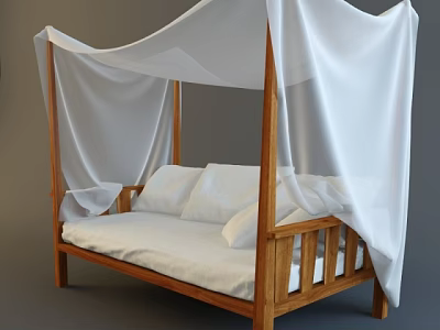 Elegant Wooden Daybed with White Canopy Curtains and Soft White Cushions 3d model
