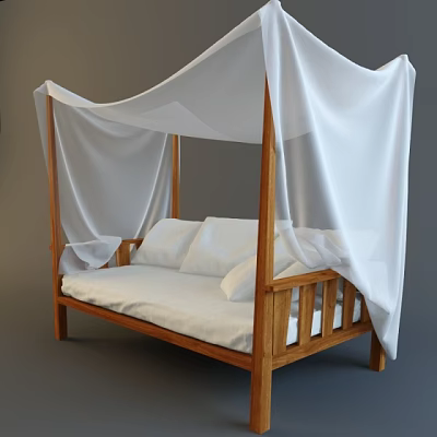 Elegant Wooden Daybed with White Canopy Curtains and Soft White Cushions 3d model