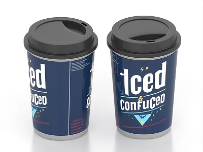 Iced Beverage Paper Cups With Black Lids And Blue Iced Confused Design 3d model