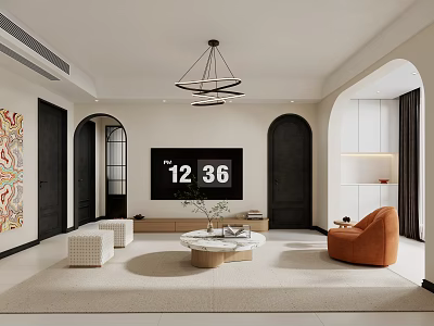 Modern Living Room Interior With TV Chandelier Round Coffee Table And Orange Armchair 3d model