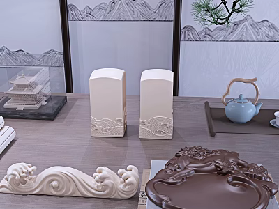 Traditional Chinese Decorative Ornament Set With Beige Columns White Wave Blue Teapot And Carved Tray 3d model
