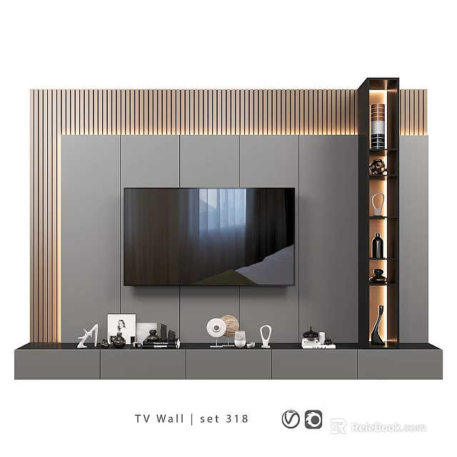 Modern TV Background Wall Design With Gray Panels Wooden Grille Decorative Shelf And Ornaments 3d model 