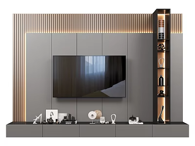 Modern TV Background Wall Design With Gray Panels Wooden Grille Decorative Shelf And Ornaments 3d model