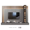 Modern TV Background Wall Design With Gray Panels Wooden Grille Decorative Shelf And Ornaments