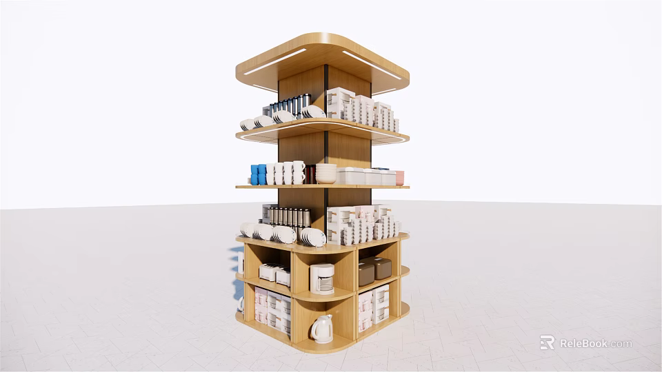 Wooden Multi Layer Rotating Display Shelf With Organized Retail Products In Store 3d model 