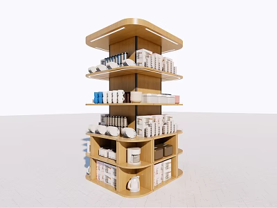 Wooden Multi Layer Rotating Display Shelf With Organized Retail Products In Store 3d model