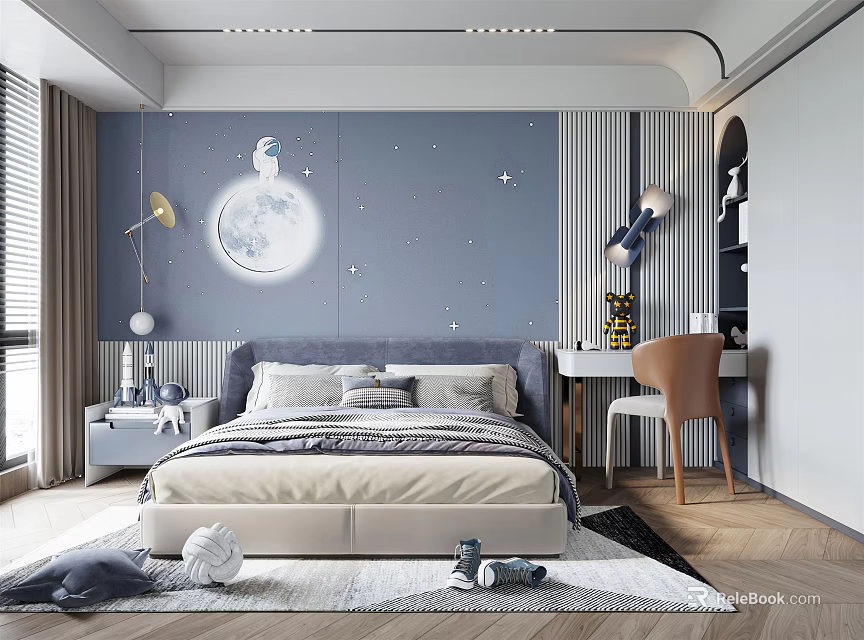 Kids Room Interior With Blue Wall Moon Stars Decor Bed Desk And Toys 3d model 
