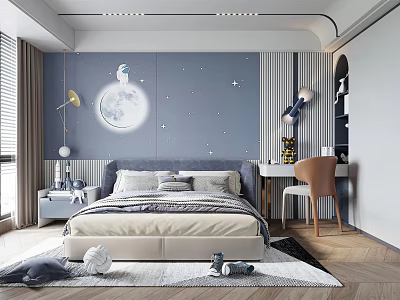 Kids Room Interior With Blue Wall Moon Stars Decor Bed Desk And Toys 3d model
