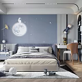 Kids Room Interior With Blue Wall Moon Stars Decor Bed Desk And Toys