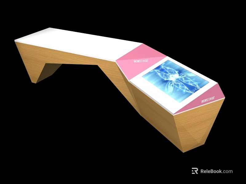 Modern Geometric Wooden Display Stand Featuring White Pink Panels And Interactive Screen 3d model