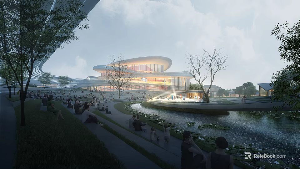 Modern Cultural Center Building With Pond And People Gathering In Open Space 3d model 