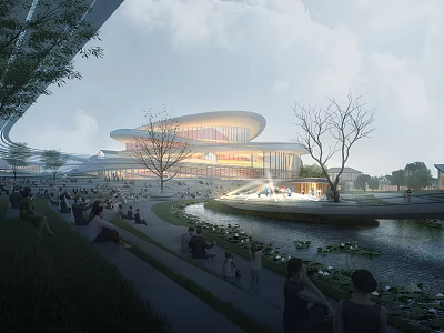 Modern Cultural Center Building With Pond And People Gathering In Open Space 3d model