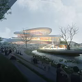 Modern Cultural Center Building With Pond And People Gathering In Open Space