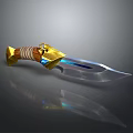 Ornate Golden Dagger With Wrapped Rope Handle Blue Blade And Metallic Shine