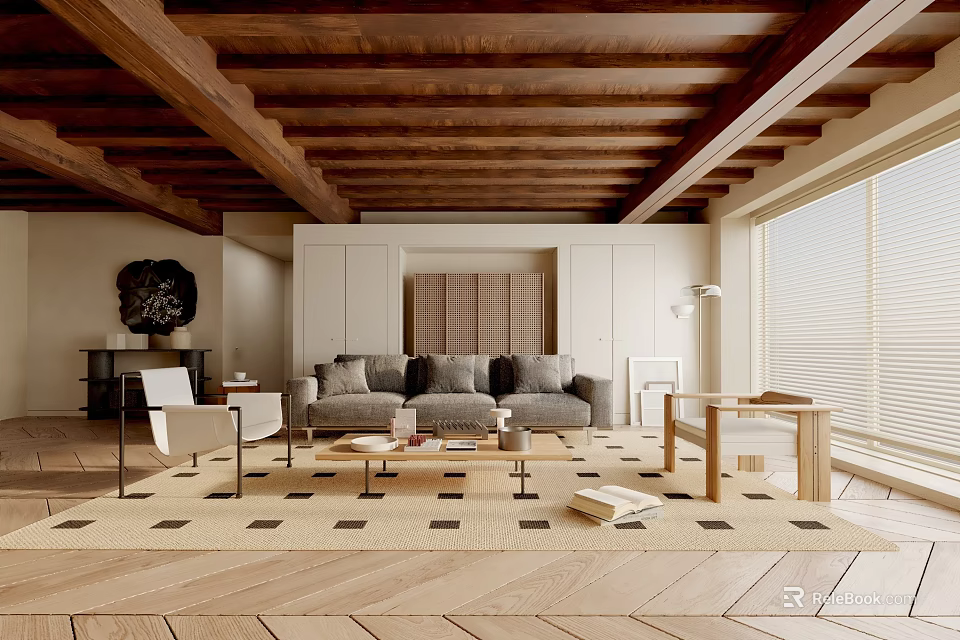 Warm Living Room Interior With Wooden Beam Ceiling Gray Sofa Geometric Rug And Large Windows 3d model 