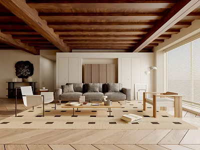 Warm Living Room Interior With Wooden Beam Ceiling Gray Sofa Geometric Rug And Large Windows 3d model