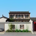 Traditional Chinese Garden Landscape Featuring Classical Architecture Courtyard Stone Pavement And Wooden Furniture