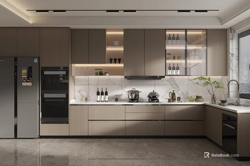 Modern Open Concept Kitchen Interior Design With Island Counter Cabinets And Appliances 3d model 