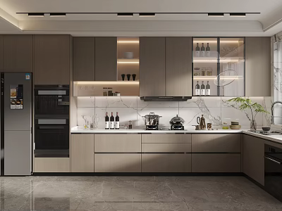 Modern Open Concept Kitchen Interior Design With Island Counter Cabinets And Appliances 3d model
