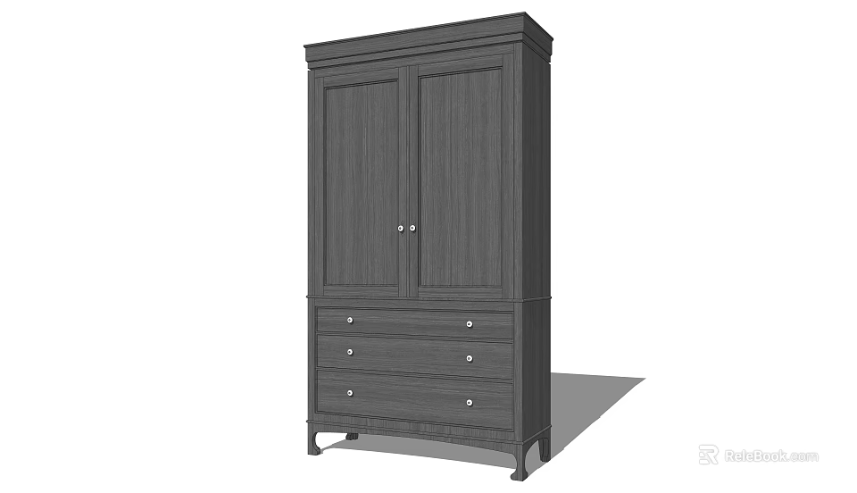 Solid Dark Wooden Double Door Wardrobe With Drawers And Classic Design 3d model 