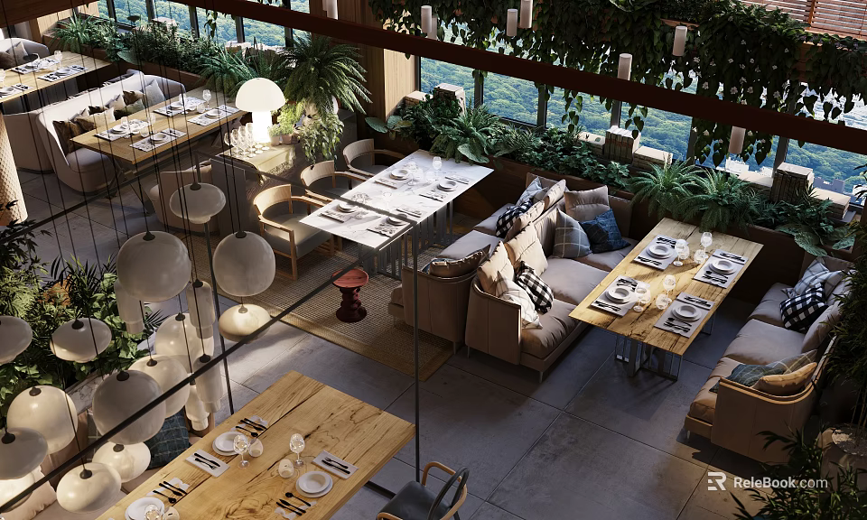 Modern Restaurant Interior With Lush Green Plants Comfortable Seating And Pendant Lighting 3d model 