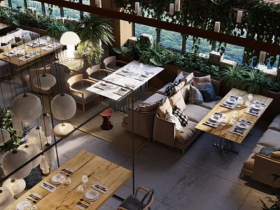 Modern Restaurant Interior With Lush Green Plants Comfortable Seating And Pendant Lighting 3d model