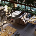 Modern Restaurant Interior With Lush Green Plants Comfortable Seating And Pendant Lighting