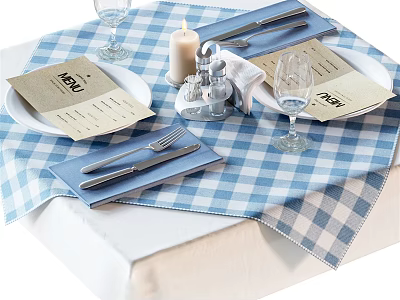 Tableware Set With Blue And White Checkered Tablecloth Plates Knives Forks Wine Glasses Menu Cards 3d model