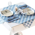 Tableware Set With Blue And White Checkered Tablecloth Plates Knives Forks Wine Glasses Menu Cards