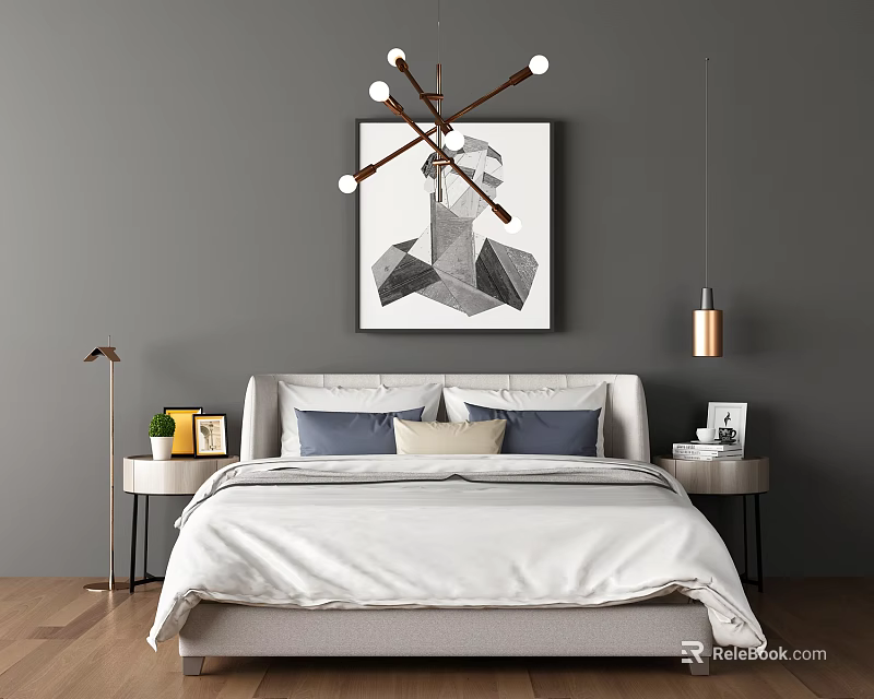 Double Bed With Gray Headboard Pillows Nightstands Table Lamps Wall Art And Chandelier 3d model 