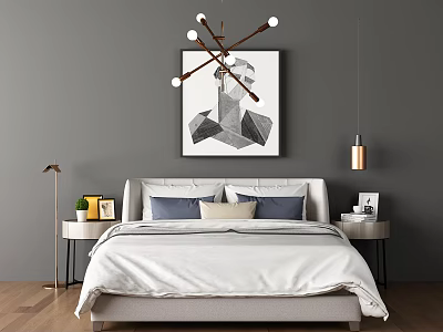 Double Bed With Gray Headboard Pillows Nightstands Table Lamps Wall Art And Chandelier 3d model