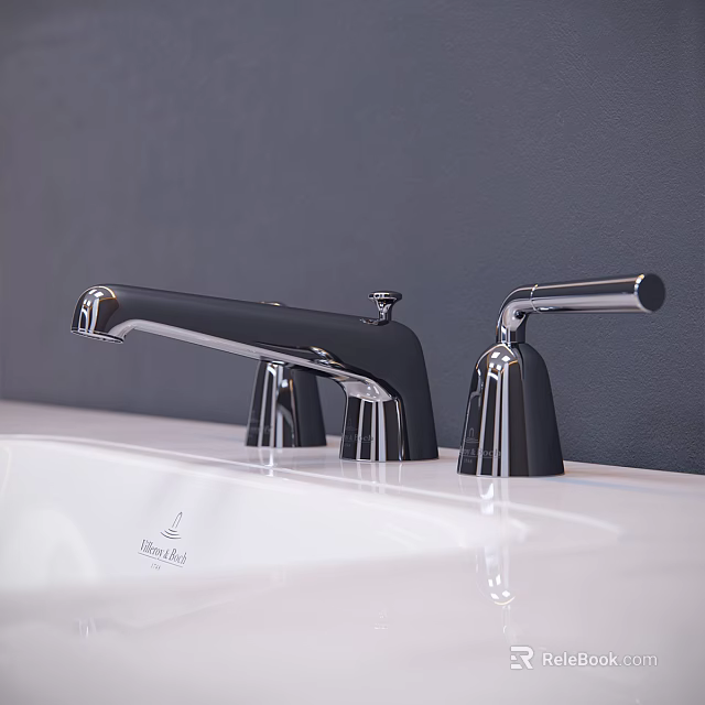Modern Black And Silver Bathroom Faucet On White Sink With Dark Wall Design 3d model 