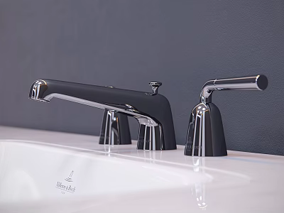 Modern Black And Silver Bathroom Faucet On White Sink With Dark Wall Design 3d model