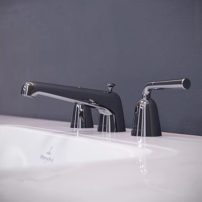 Modern Black And Silver Bathroom Faucet On White Sink With Dark Wall Design 3d model