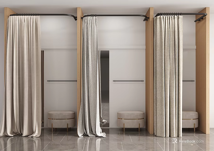 Soft Beige Minimalist Curtains Interior With Wooden Rod Frames And Stools 3d model 