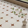 White Vase With Green Plant On Tiled Floor Featuring Brown Star Pattern 3d model