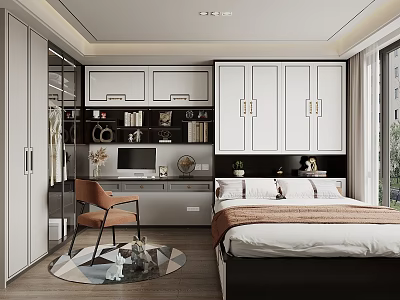 Modern Tatami Bedroom Interior Design With Built in Wardrobes Study Desk And Chair 3d model