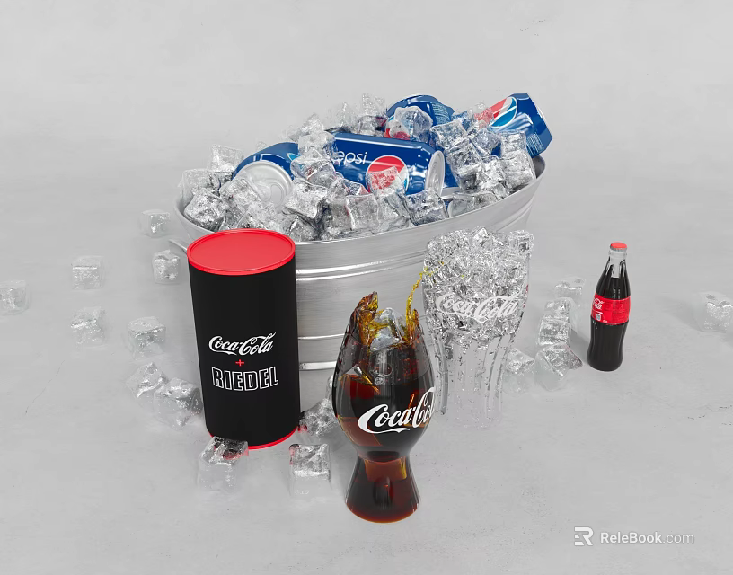 Refreshing Coca Cola Drinks In Ice Bucket With Glass And Bottles 3d model 
