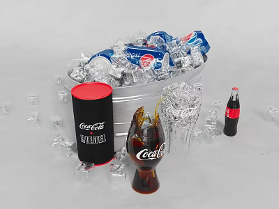Refreshing Coca Cola Drinks In Ice Bucket With Glass And Bottles 3d model