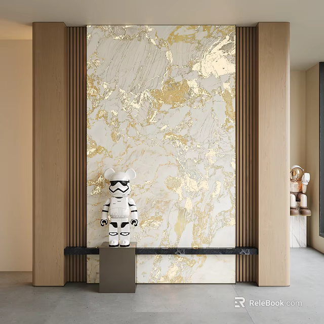 Modern Luxury Front Desk Background Wall With Golden Marble Texture Wooden Frame And White Decor 3d model 