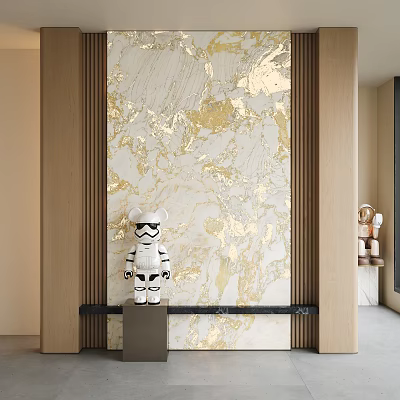 Modern Luxury Front Desk Background Wall With Golden Marble Texture Wooden Frame And White Decor 3d model