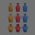 Three Colorful Ceramic Vessels with Orange Red and Blue Hues and Two Handles Each