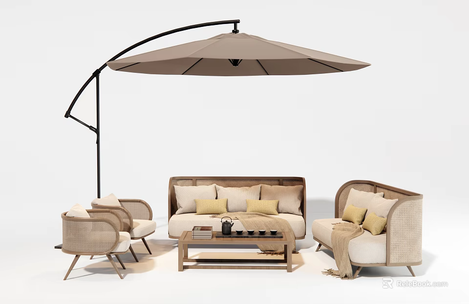 Modern Outdoor Sofa With Wicker Accents Umbrella Pillows And Coffee Table 3d model 