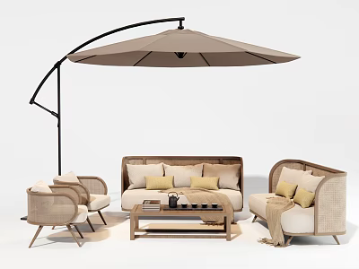 Modern Outdoor Sofa With Wicker Accents Umbrella Pillows And Coffee Table 3d model