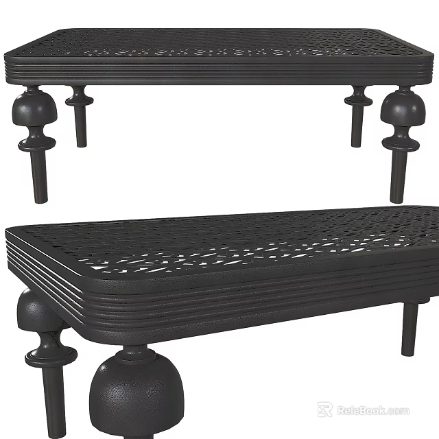 Black Decorative Bench With Spherical Legs And Perforated Seat Design 3d model 