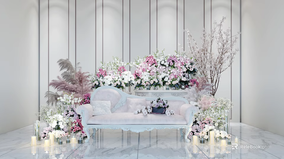 Elegant Floral Art Decoration With White Sofa Various Flowers Green Plants And Candles 3d model 